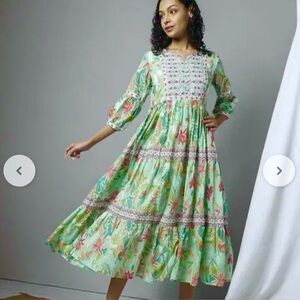 Fusion Green Floral Print Tiered Midi Dress Sz L